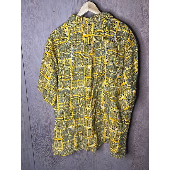 Tanoa Samoa Mustard Yellow Floral Tapa
 Button Down Aloha Shirt Men Size 5XL - Picture 2 of 5